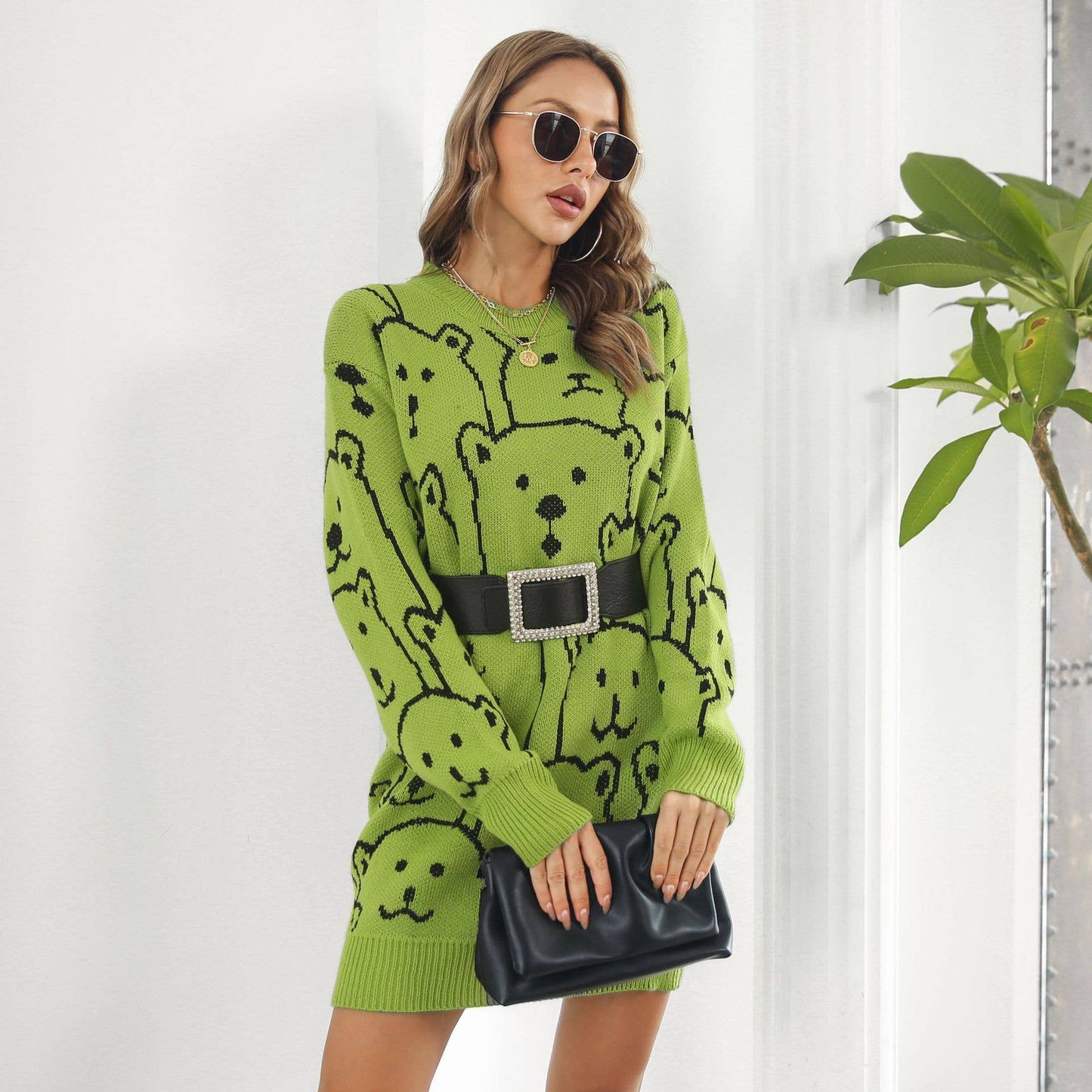 Bear jacquard long-sleeved sweater dress