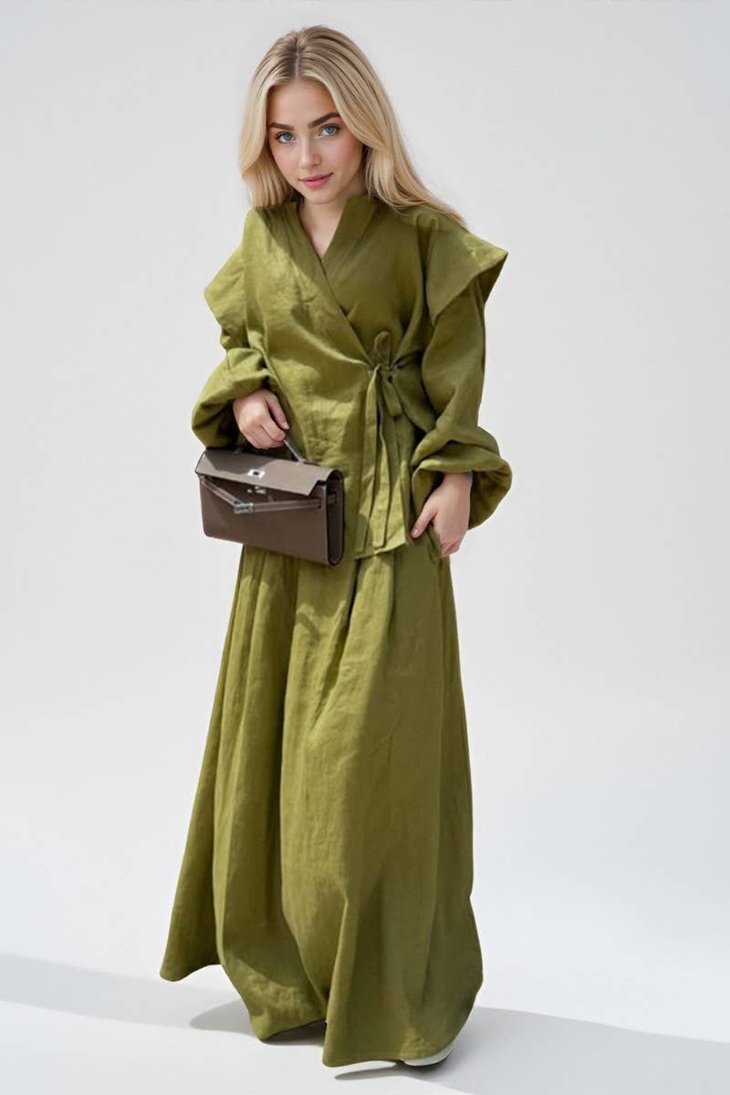 CWSTB00386_LACE-UP SHIRT HIGH-WAISTED SKIRT CASUAL SUIT