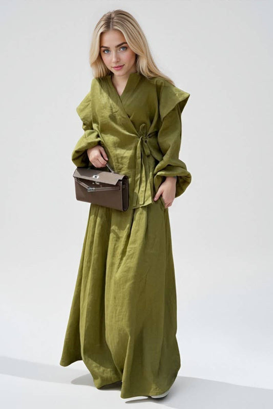 CWSTB00386_LACE-UP SHIRT HIGH-WAISTED SKIRT CASUAL SUIT