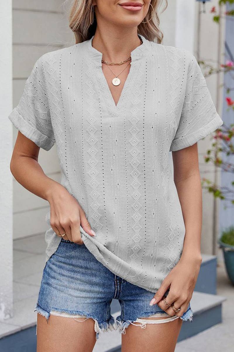 CWTTS1335_SUMMER JACQUARD V-NECK SHORT SLEEVE LOOSE T-SHIRT