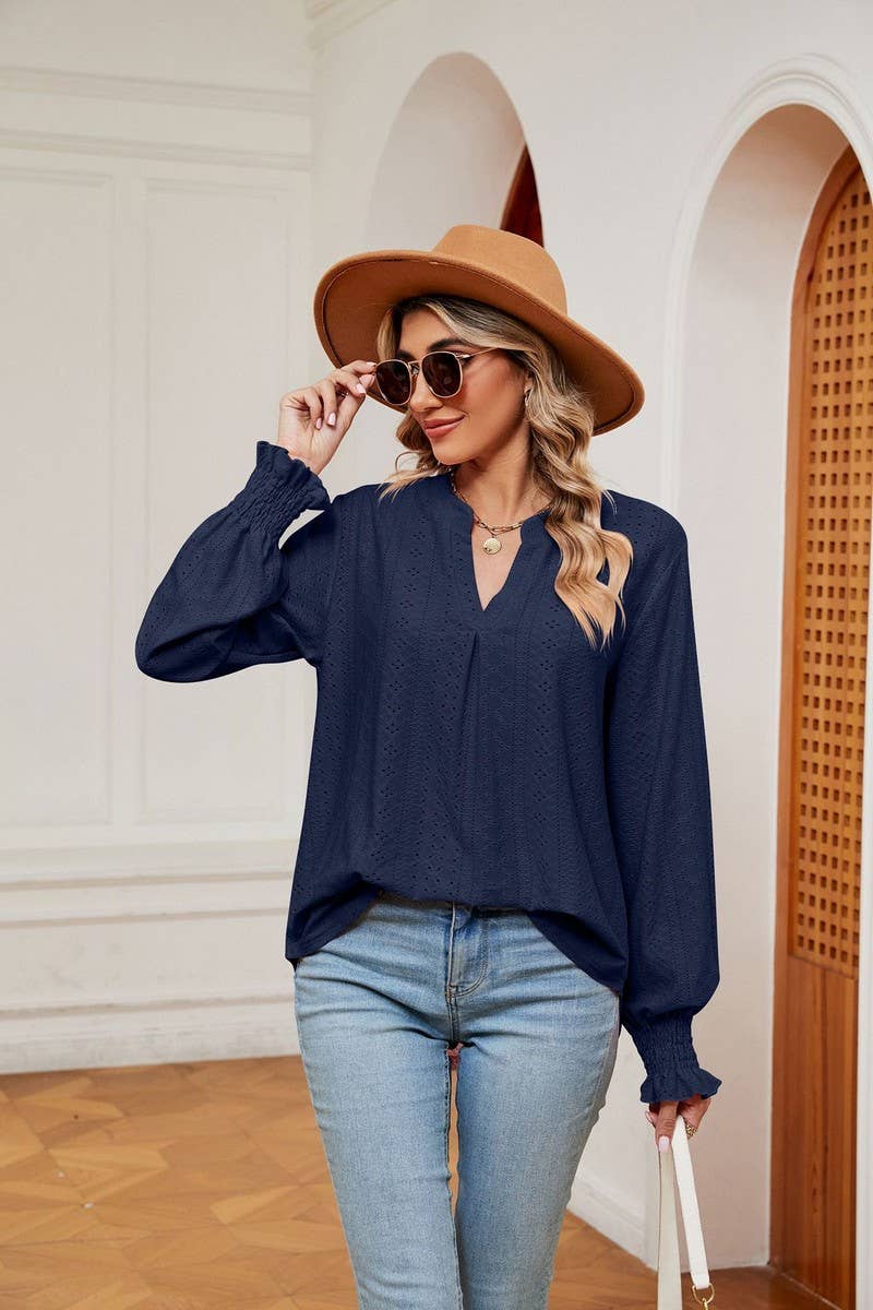 CWTBLL2377_SOLID COLOR V-NECK LOOSE LONG-SLEEVED PULLOVER