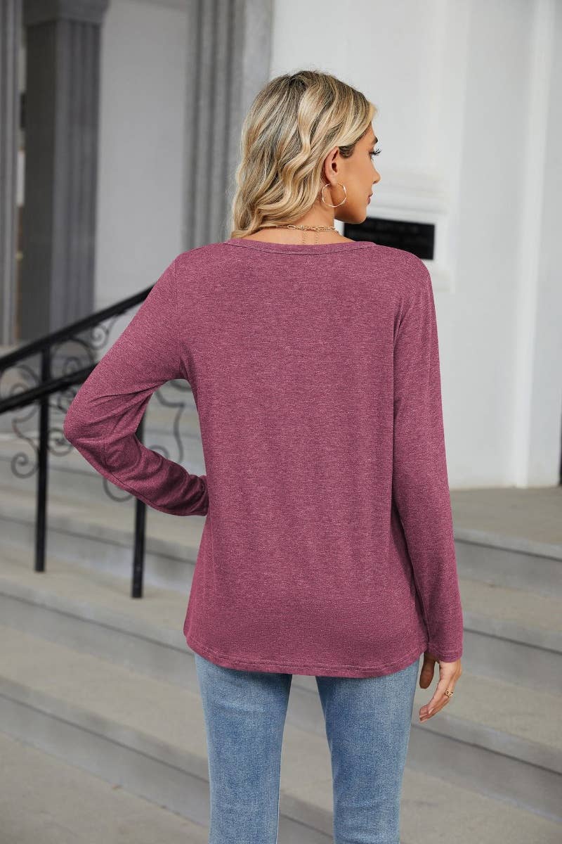 CWTBLL2861_FALL SOLID COLOR V-NECK LONG SLEEVE LOOSE TOP