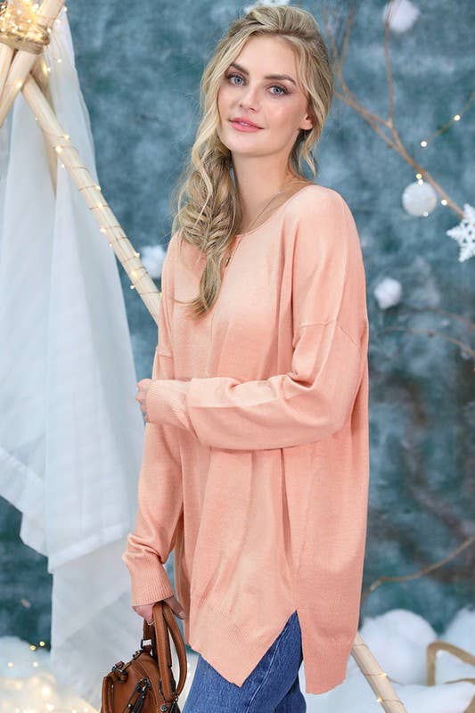 CWOSWL057_ROUND NECK LOOSE FIT TUNIC LENGTH SOFT SWEATER