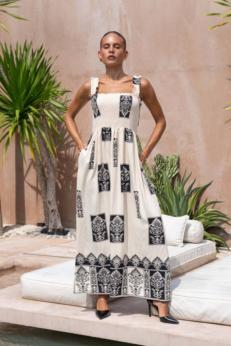 CWDHL1076_SUMMER RESORT STYLE PRINTED SUSPENDER BEACH DRESS