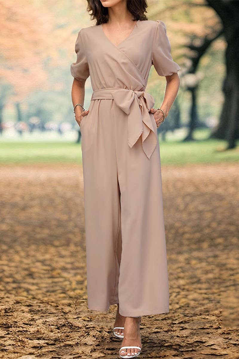 CWSJS0874_SOLID COLOR V-NECK TIE WIDE-LEG JUMPSUIT
