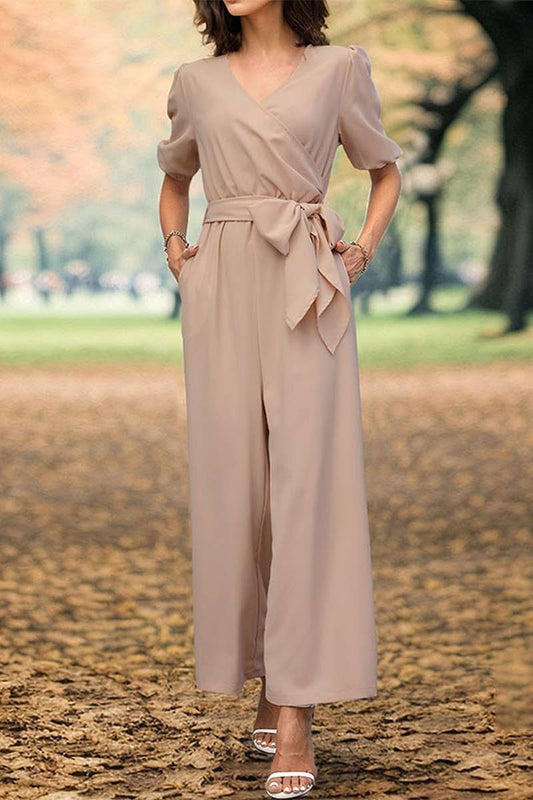 CWSJS0874_SOLID COLOR V-NECK TIE WIDE-LEG JUMPSUIT