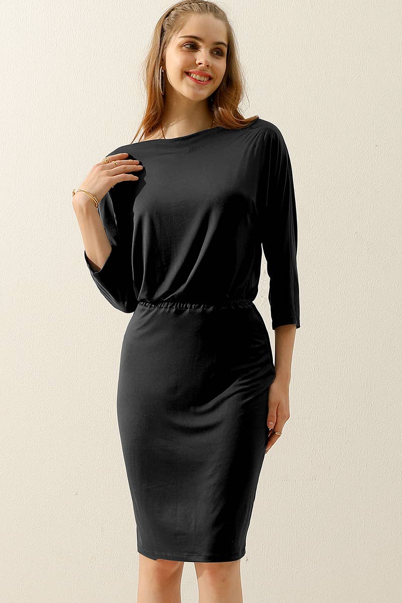CWDMD803_BOAT NECK LONG SLEEVE DRAWSTRING KNEE MIDI DRESS