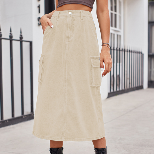 Women?™s Washed Denim Cargo Midi Skirt Slim Fit_CWJSK0198