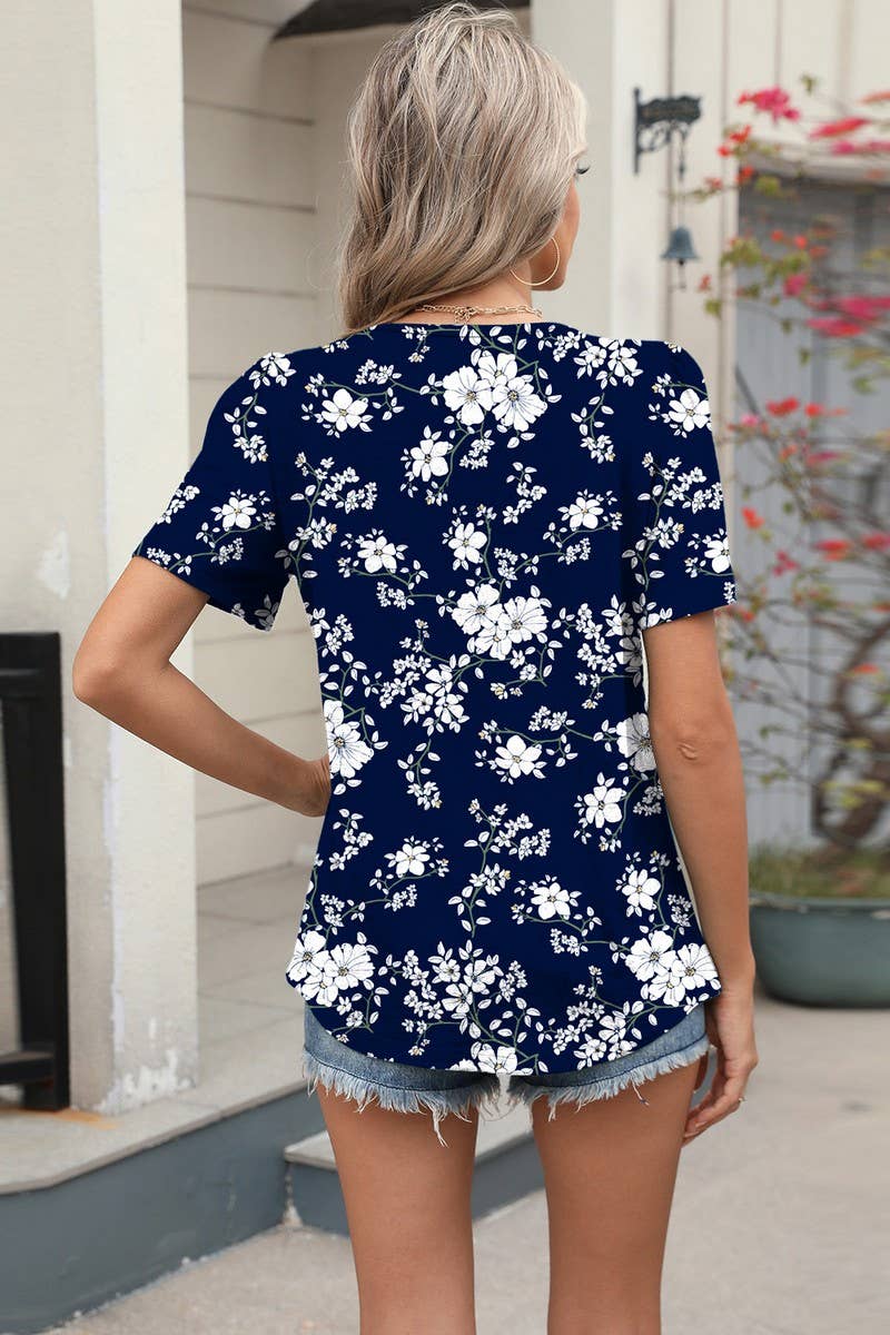 CWTBLS1724_LOOSE CREW NECK PLEATED PRINT SHORT SLEEVE TOP