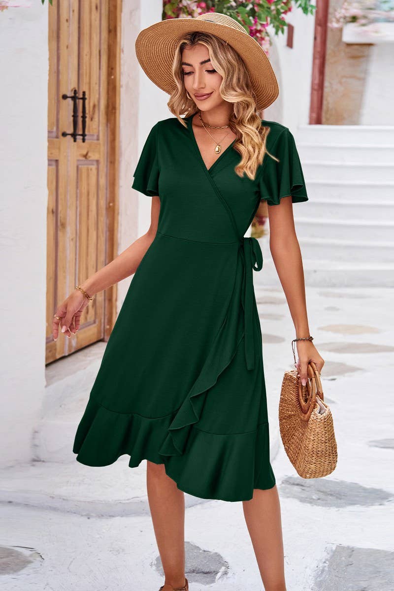CWDSD2546_Deep V-Neck Wrap Short Sleeve Dresses