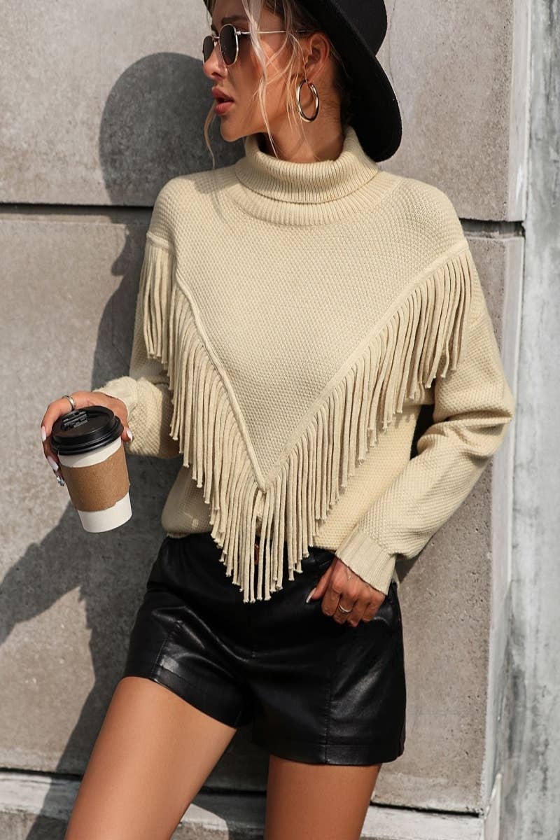 CWOSWL604 Turtle neck Fringe Tassel Pullover Sweater