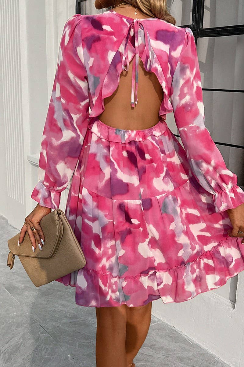 CWDSD7137_ELEGANT PRINTED V NECK LONG SLEEVE DRESS