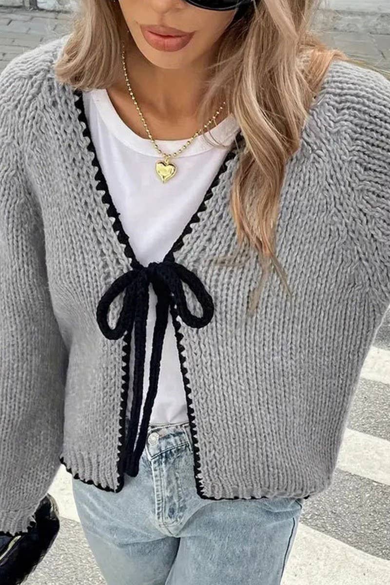 CWOCAL00698_LOOSE KNIT LONG SLEEVE BOW TIE CARDIGAN TOP