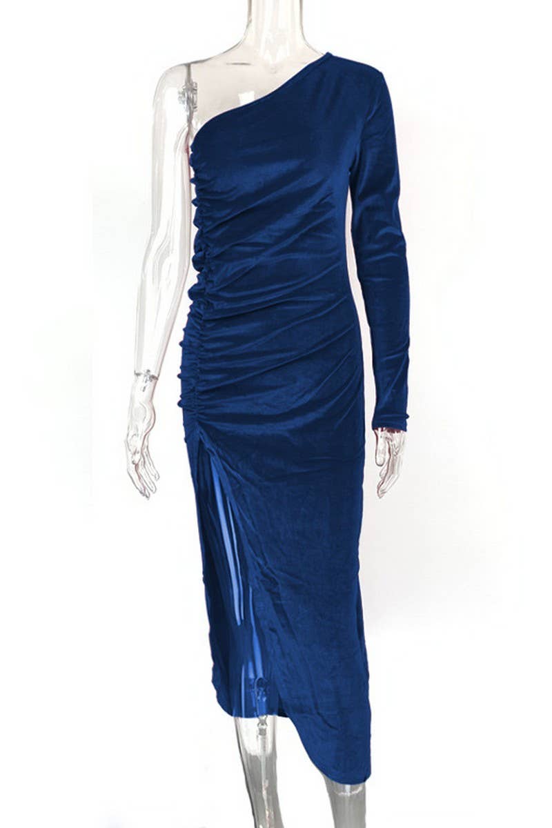 CWDMD4696_2024 NEW SLIT DRESS SEXY SLIM ONE SHOULDER DRESS