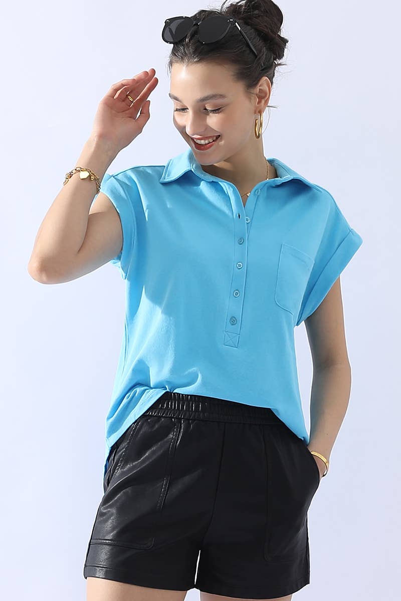 CWTTS698_JOHNNY COLLARS BUTTON CLOSER SHORT SLEEVE TOP