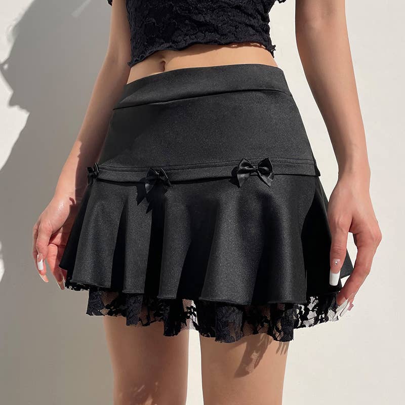 A-LINE SKIRT BOW EMBELLISHED LACE FRILLY SKIRT