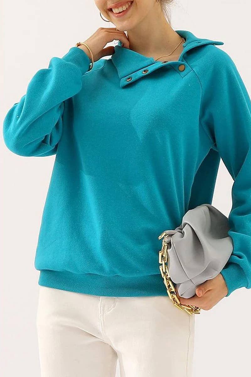 CWTTL1427_Snap Button Neck Casual Long Sleeve Top