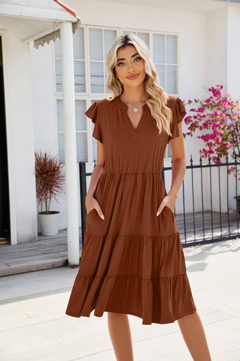 CWDMD2224_V-NECK RUFFLE SLEEVE SOLID COLOR CASUAL DRESS