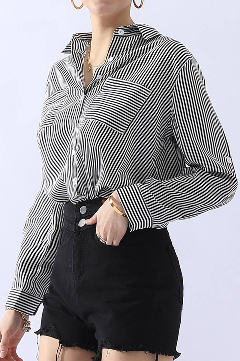 CWTSTL451_VERTICAL STRIPE BUTTON DOWN TWO POCKETS SHIRTS