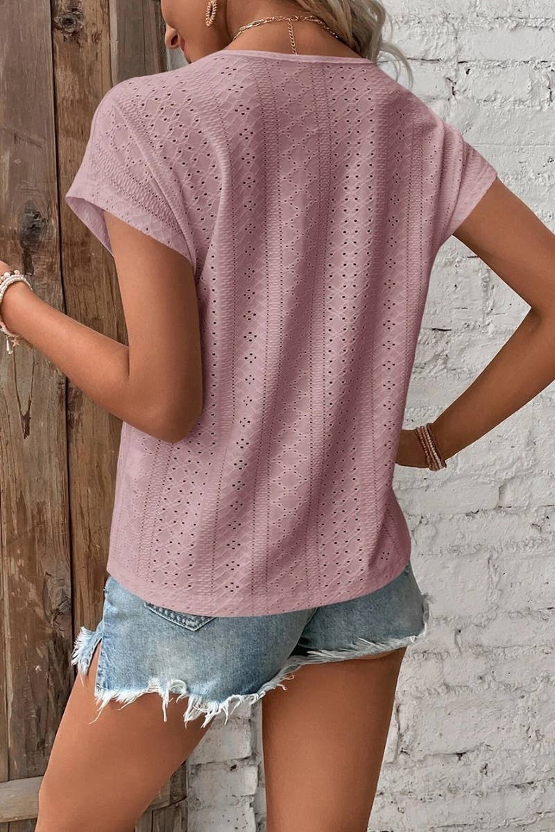 CWTBLS0642_WOMEN'S V-NECK LACE PATCHWORK SHORT-SLEEVED TOP