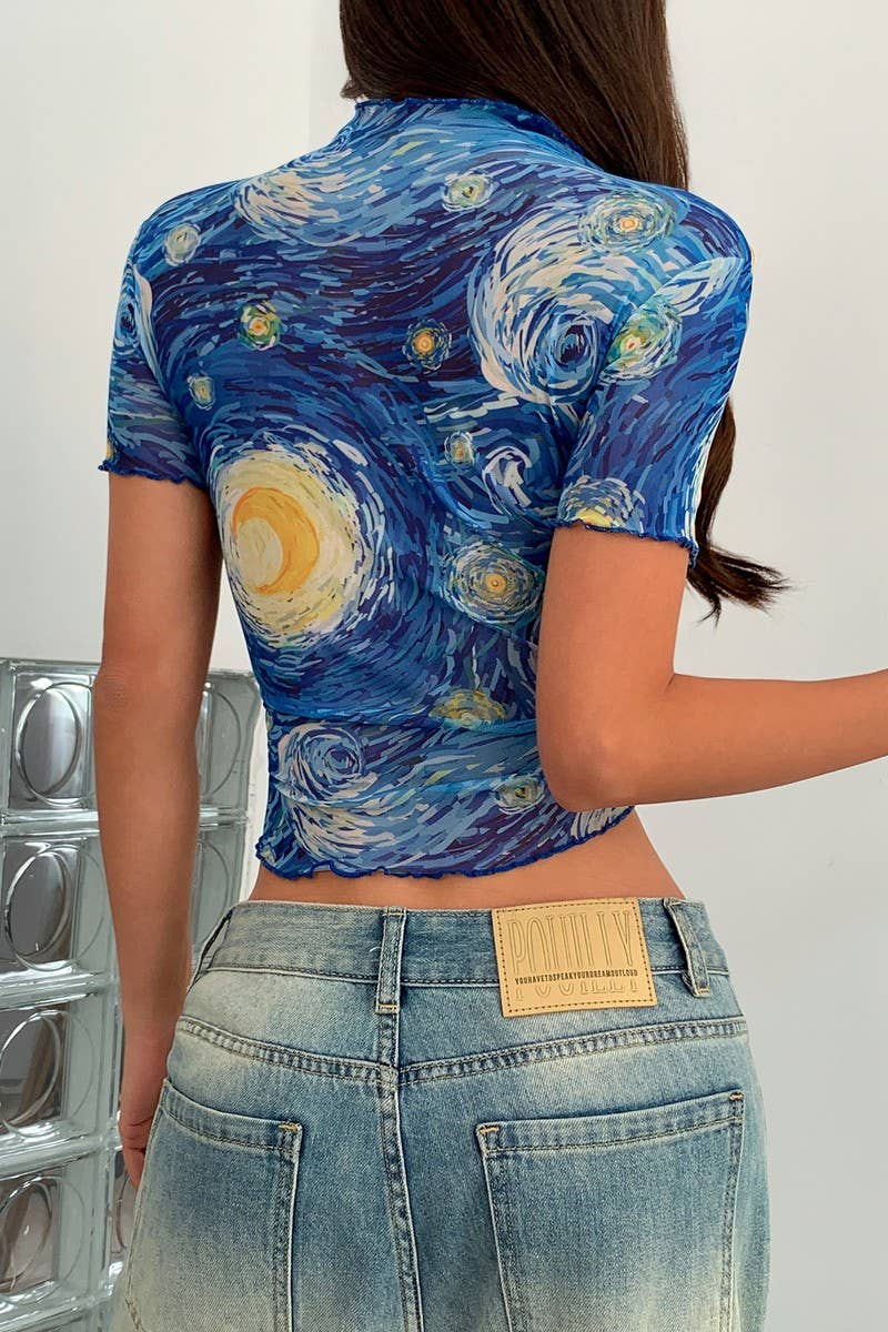 CWTBLS2108_STYLISH BLUE PRINTED MOCK NECK MESH TOP