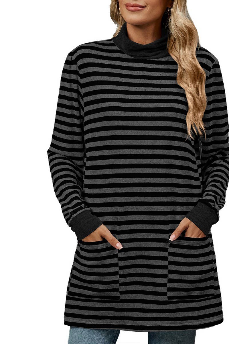CWTBLL2357_HALF TURTLENECK STRIPED KNITTED LONG SLEEVE TOP