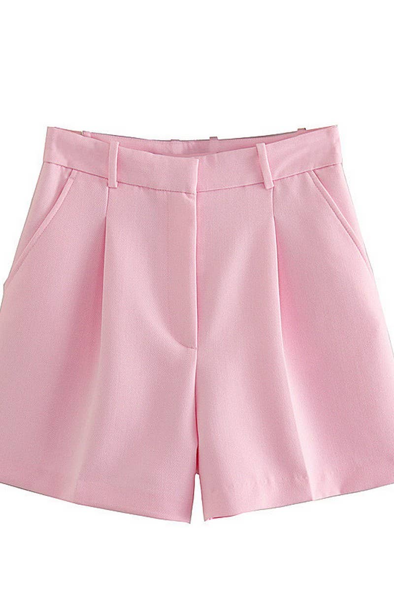CWBSP0423_SOLID COLOR HIGH WAIST PLEATED CASUAL SHORTS