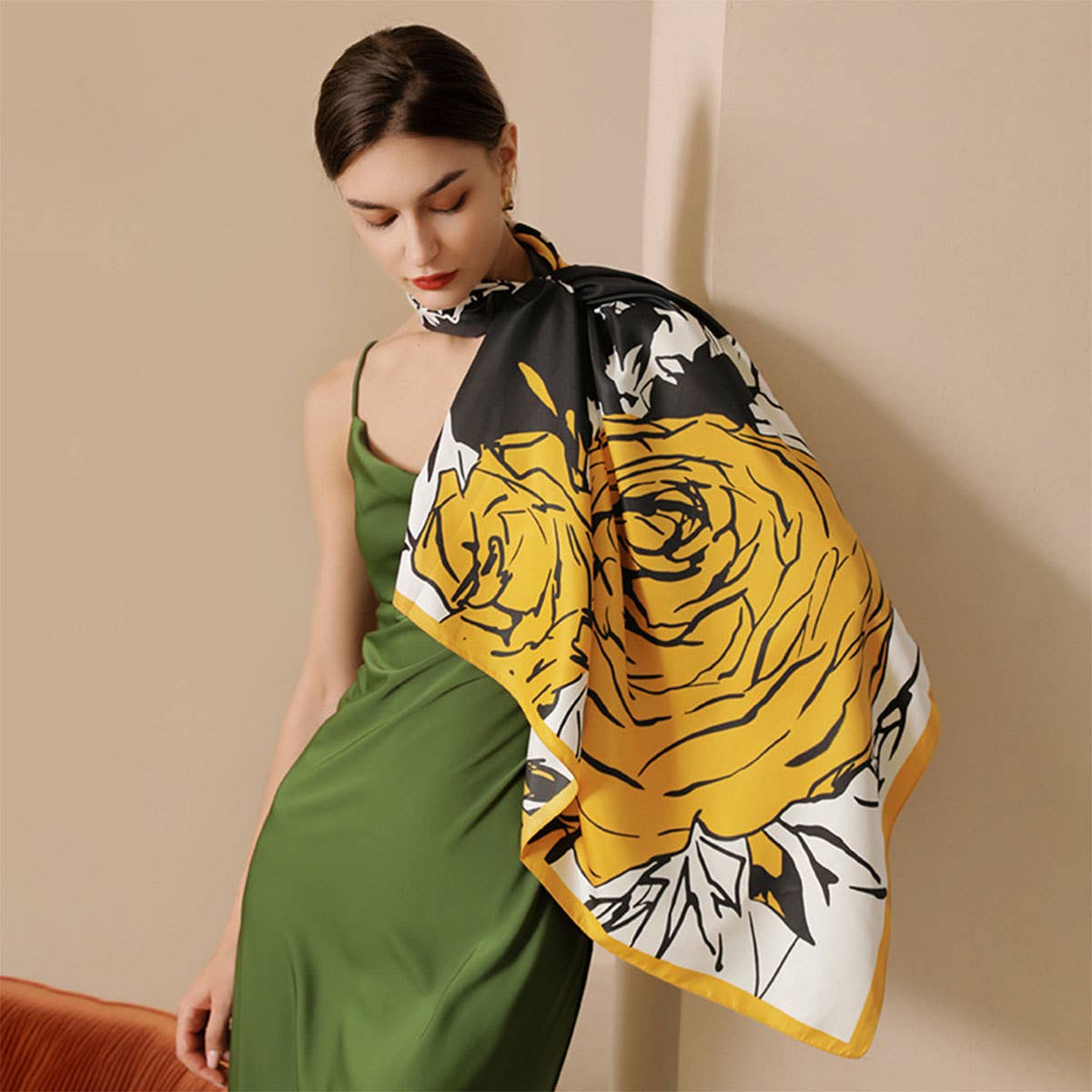 Floral Print Satin Scarf for Women, Large Square