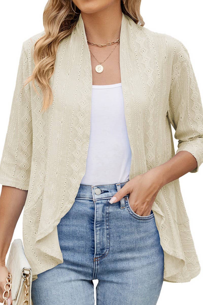 CWOCAL2309_SOLID RUFFLE HEM 3/4 SLEEVE CASUAL CARDIGAN