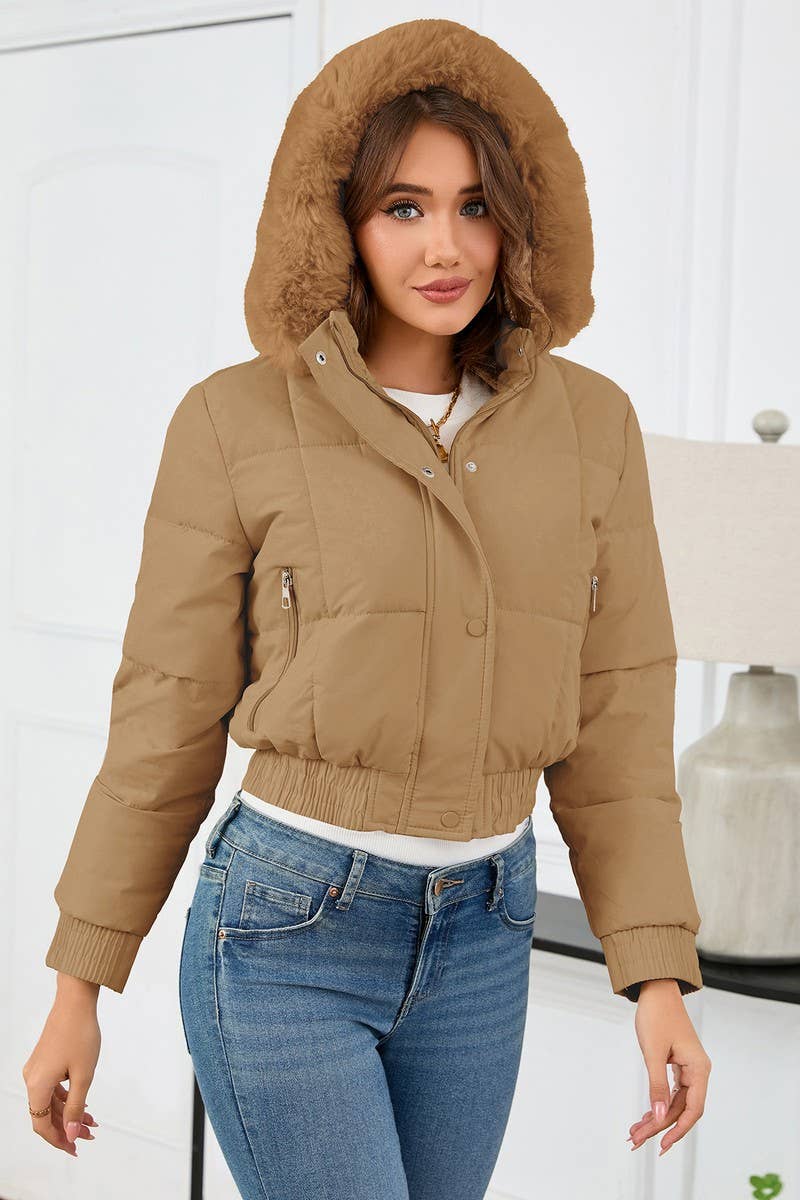 CWOCO0948_SHORT THICK FUR COLLAR HOODED PLUSH COTTON COAT