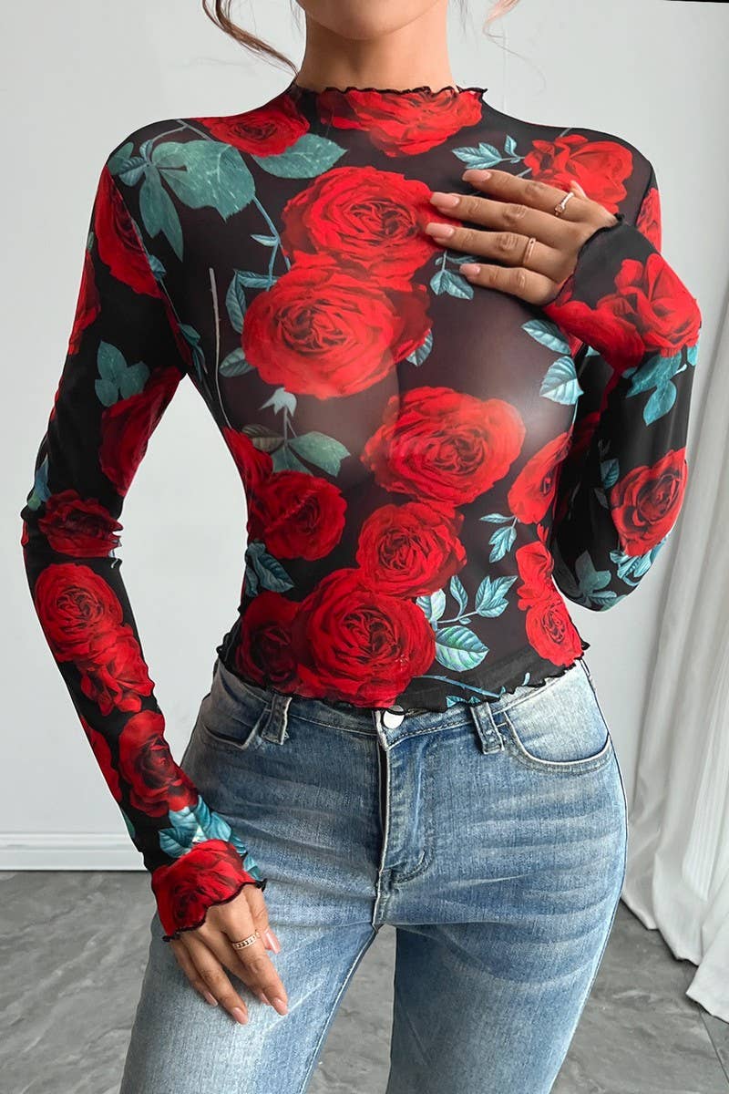CWTBLL3910_SHEER ROSE FLORAL PRINT LONG SLEEVE MESH TOP