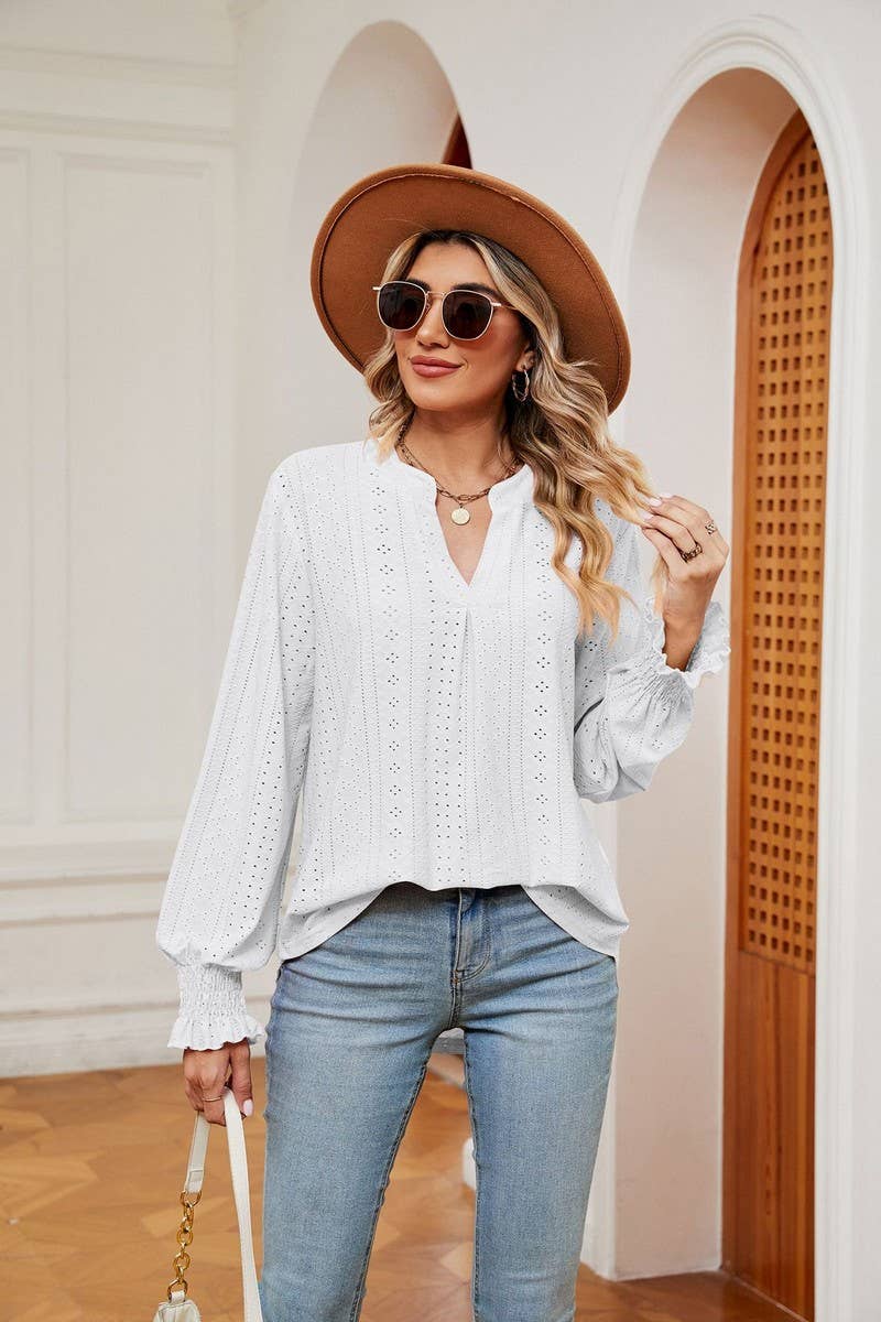 CWTBLL2377_SOLID COLOR V-NECK LOOSE LONG-SLEEVED PULLOVER