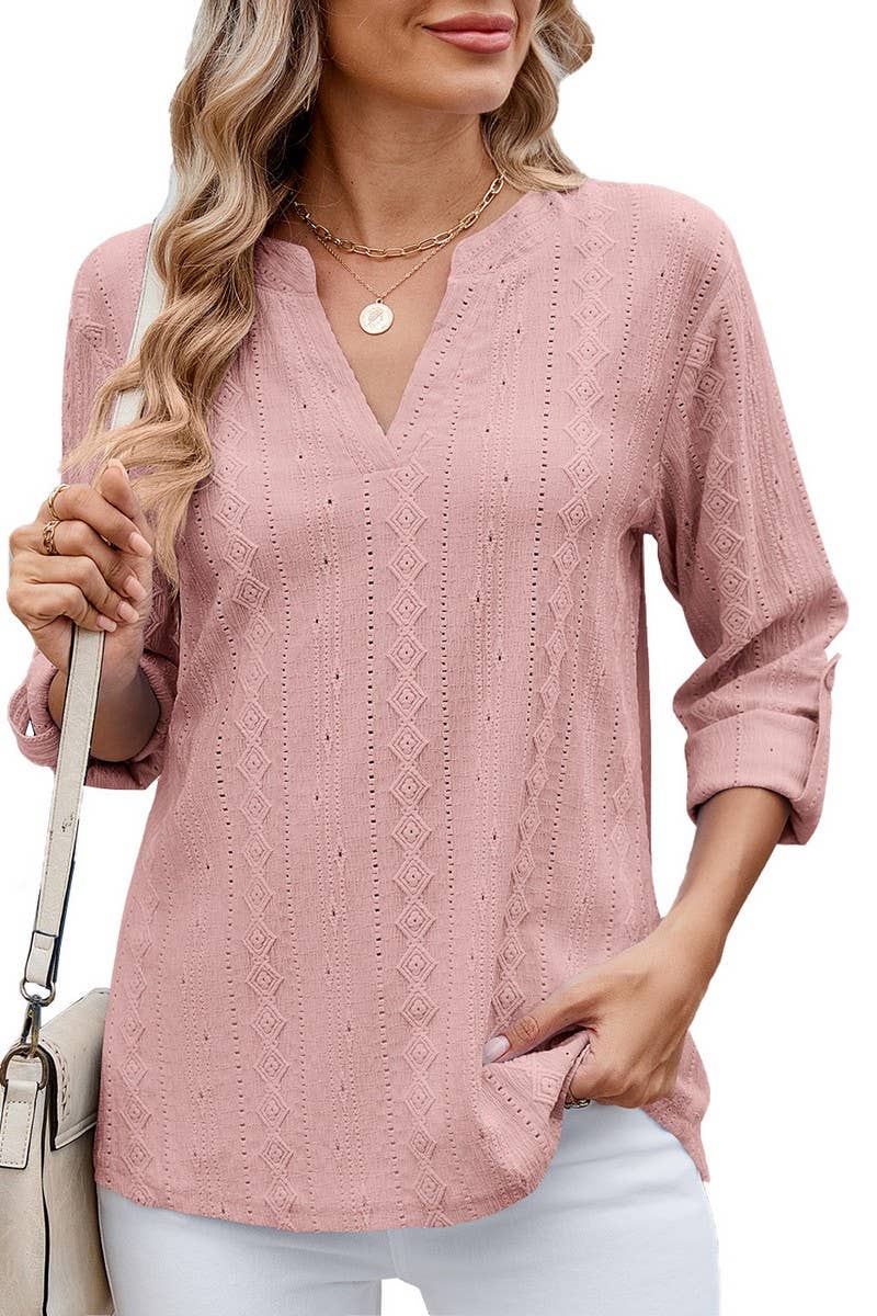 CWTBLS1721_SOLID COLOR V-NECK THREE-QUARTER SLEEVE TOP