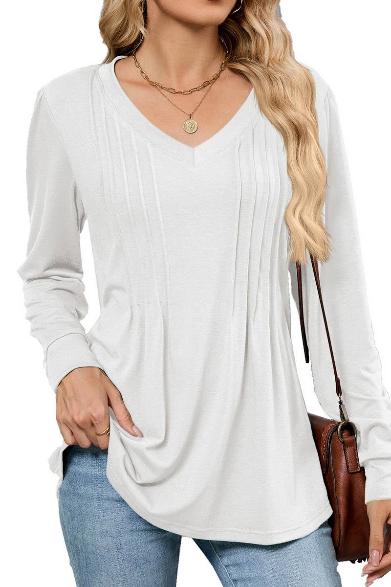 CWTTL00999_SOLID COLOR V-NECK STRIPED LOOSE T-SHIRT