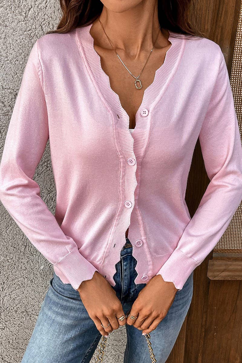 CWOCAL00610_SOLID COLOR V-NECK LONG-SLEEVED KNITTED CARDIGAN