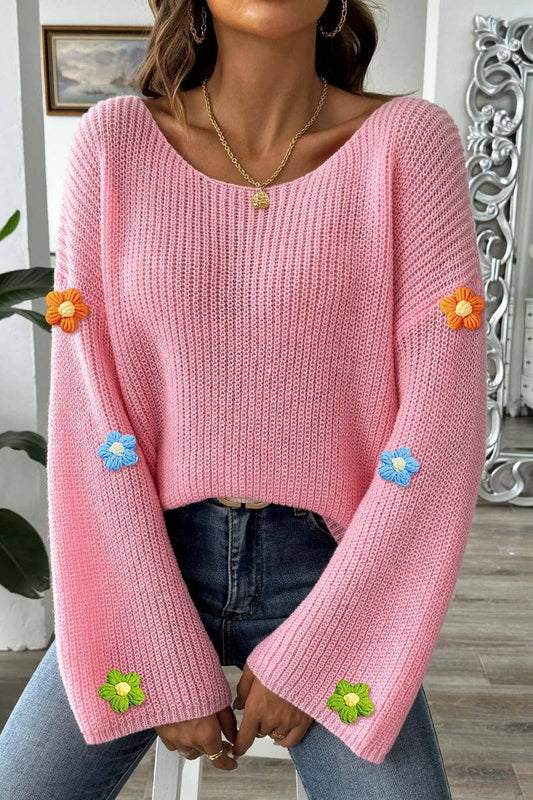 CWTTK00288_WOMEN OFF SHOULDER CROCHET FLOWER KNIT SWEATER