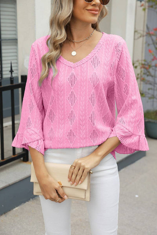 CWTBLL3672_V-NECK DIAMOND CHECK HOLLOW TRUMPET SLEEVE TOP