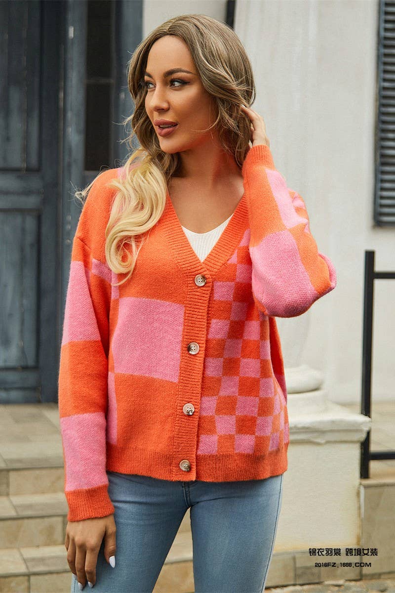 CWOCAL0925_PLAID PATCHWORK V-NECK SWEATER KNITTED JACKET