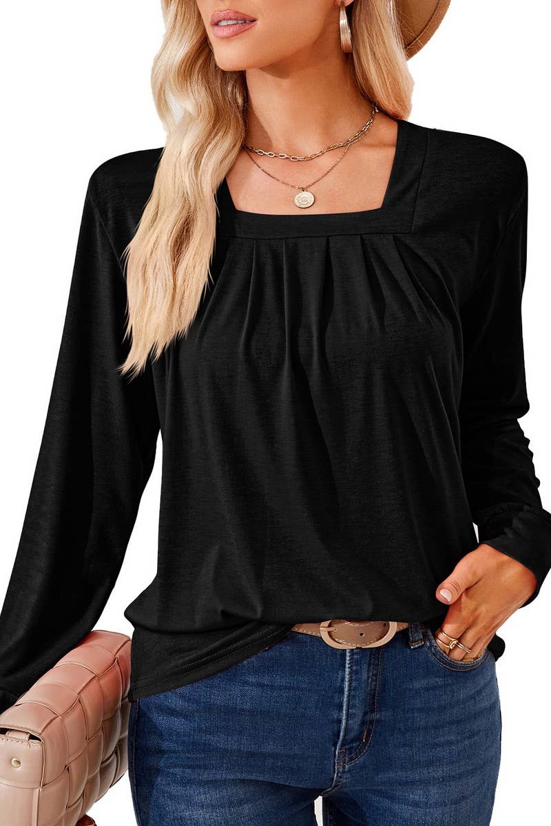 CWTBLL2409_SOLID COLOR SQUARE NECK PLEATED LONG SLEEVE TOP