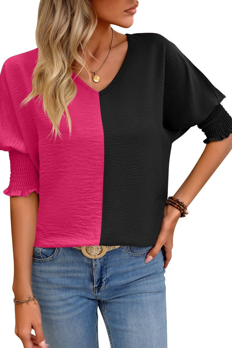 CWTBLS1501_COLORBLOCKED COLLAR LOOSE-FITTING BAT-SLEEVE TOP