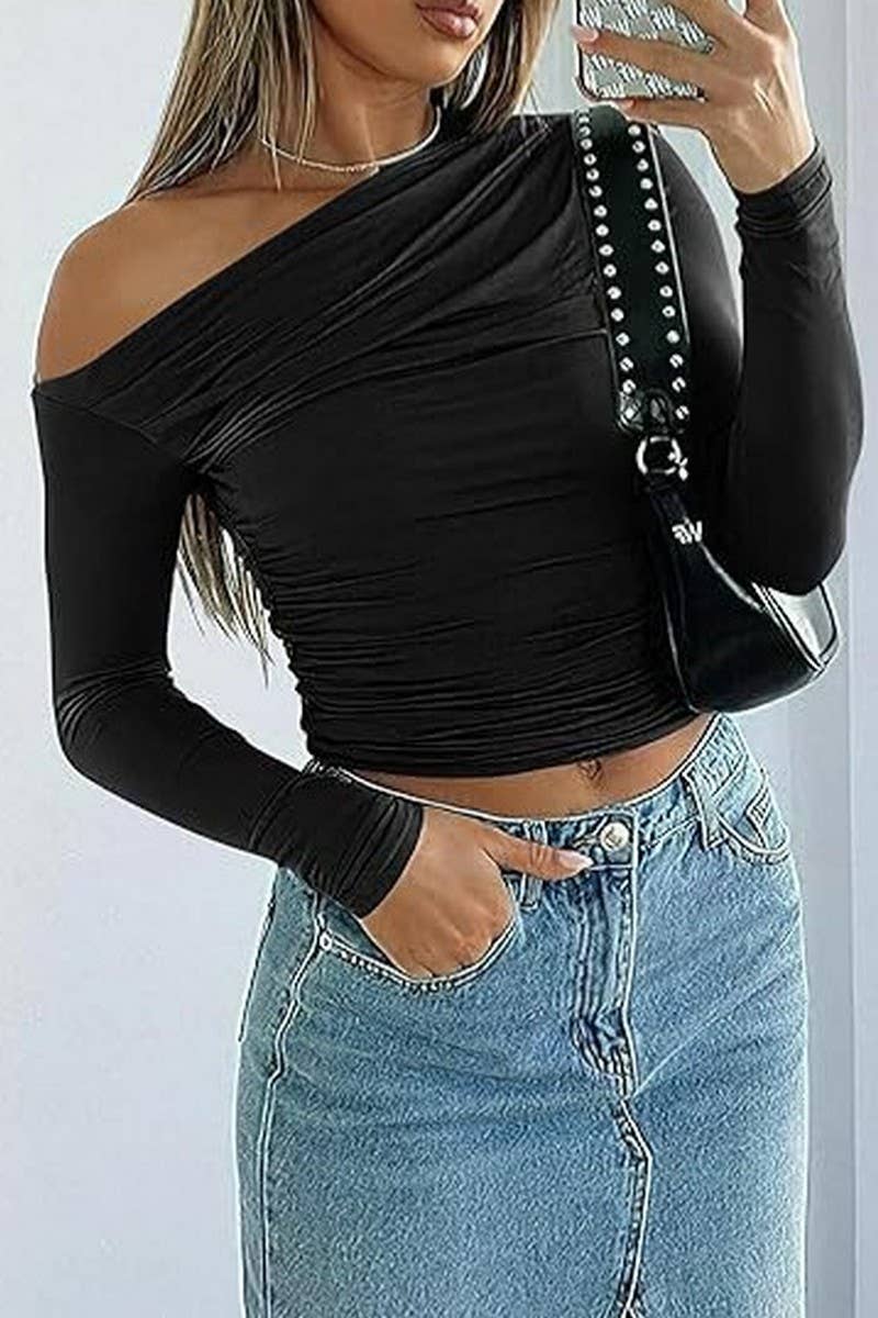 CWTBLL01151_OFF SHOULDER SLIM FIT LONG SLEEVE TOP