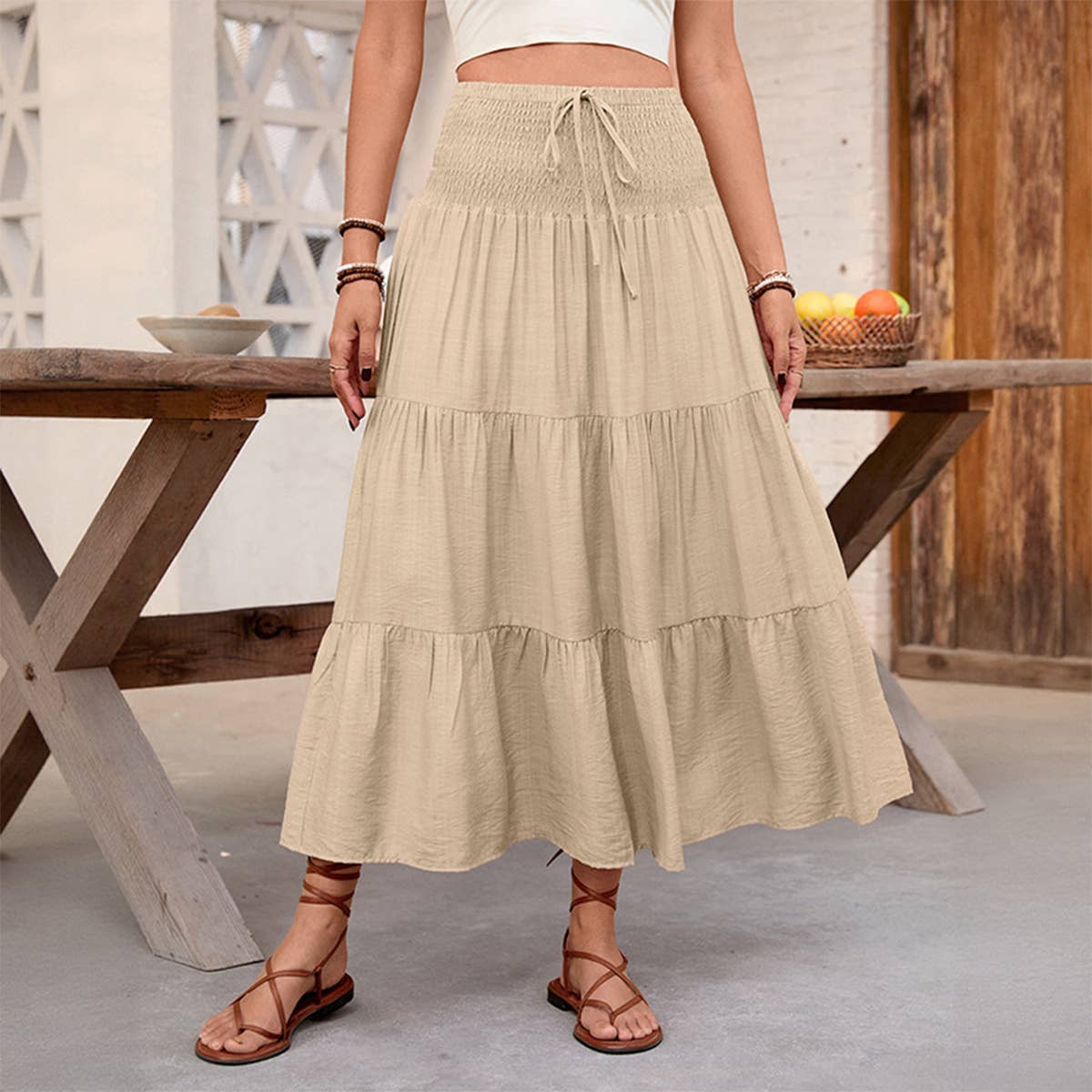 A casual solid-color layered tie A-line skirt