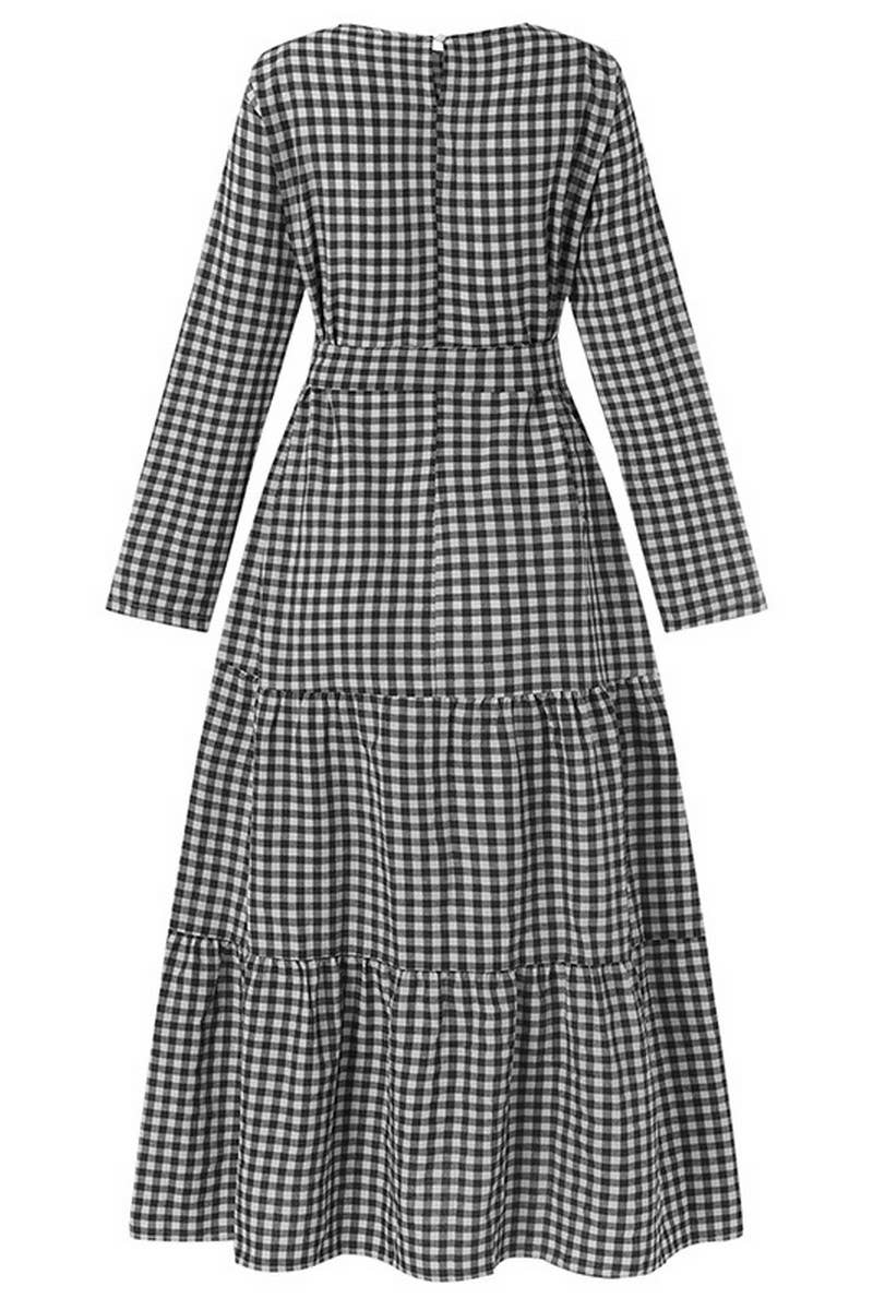 CWDMD3271_ROUND NECK PLAID BELT FULL SLEEVE MUSLIM DRESS