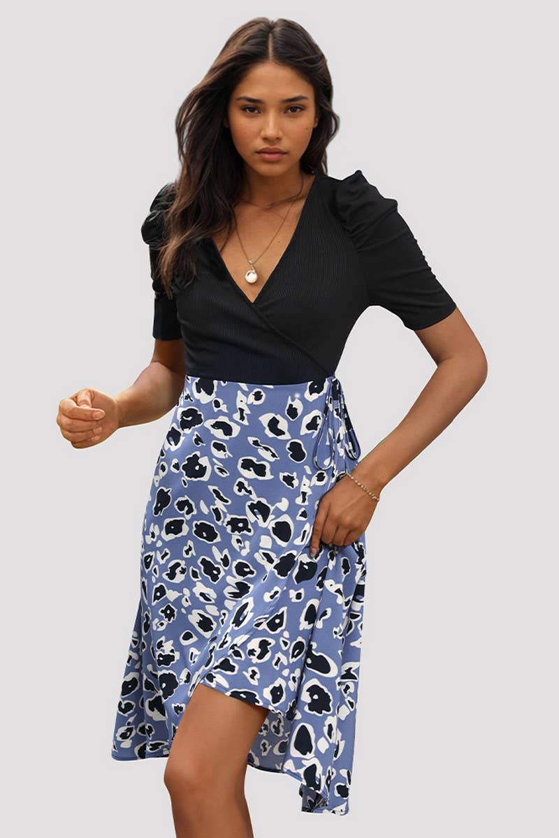 CWDSD7050_SUMMER TEMPERAMENT V-NECK SPLICING WRAP DRESS