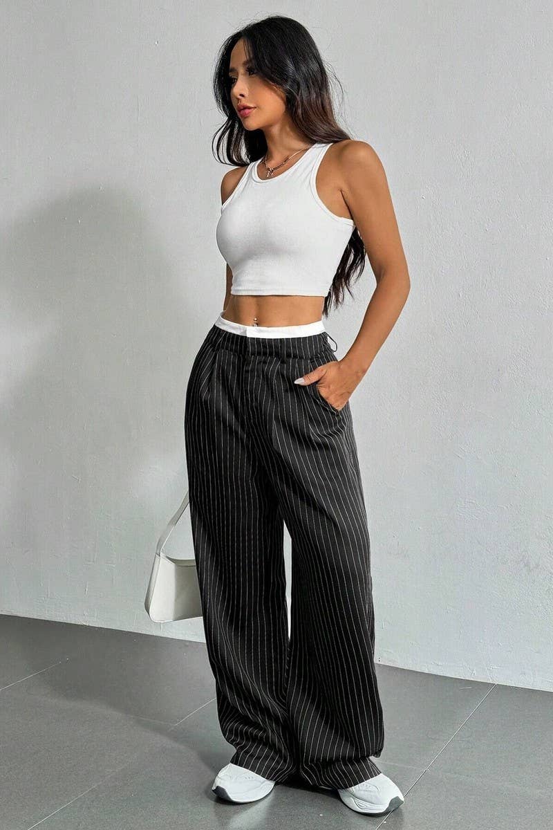 CWBLP1116_HIGH-WAISTED STRIPED LOOSE STRAIGHT-LEG TROUSERS