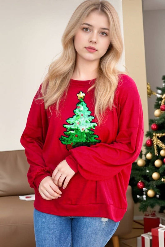 CWTBLL01278_CHRISTMAS TREE SEQUIN LOOSE SWEATSHIRT