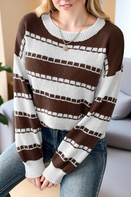 CWTTT00023_WOMEN COLORBLOCK STRIPED CASUAL KNIT PULLOVER