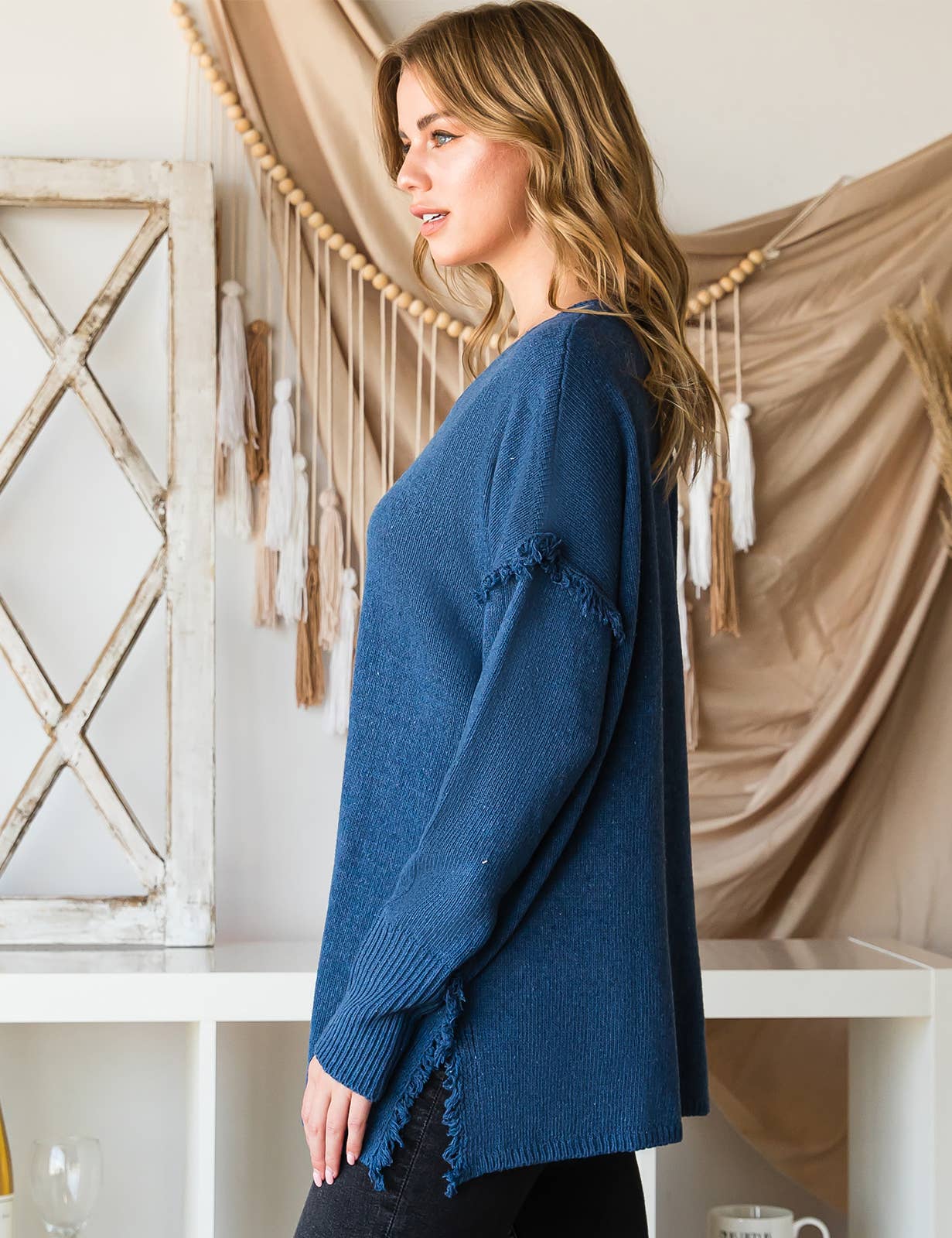 CWOSWL1832_BUTTON DOWN FRINGE SHOULDER SWEATER KNIT TOP