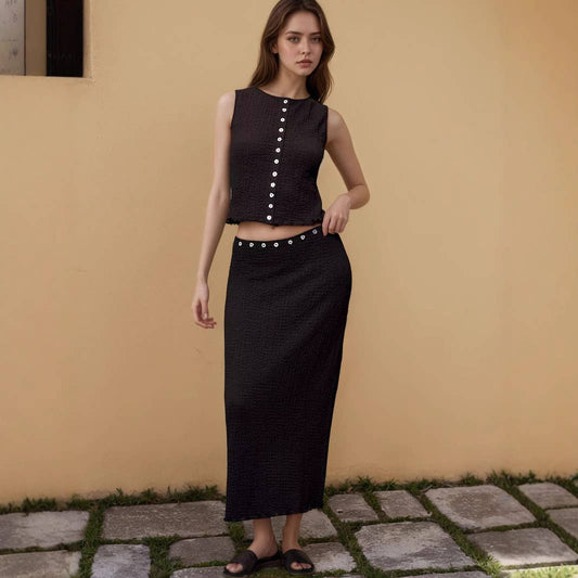Button-down top embossed knitted long skirt set