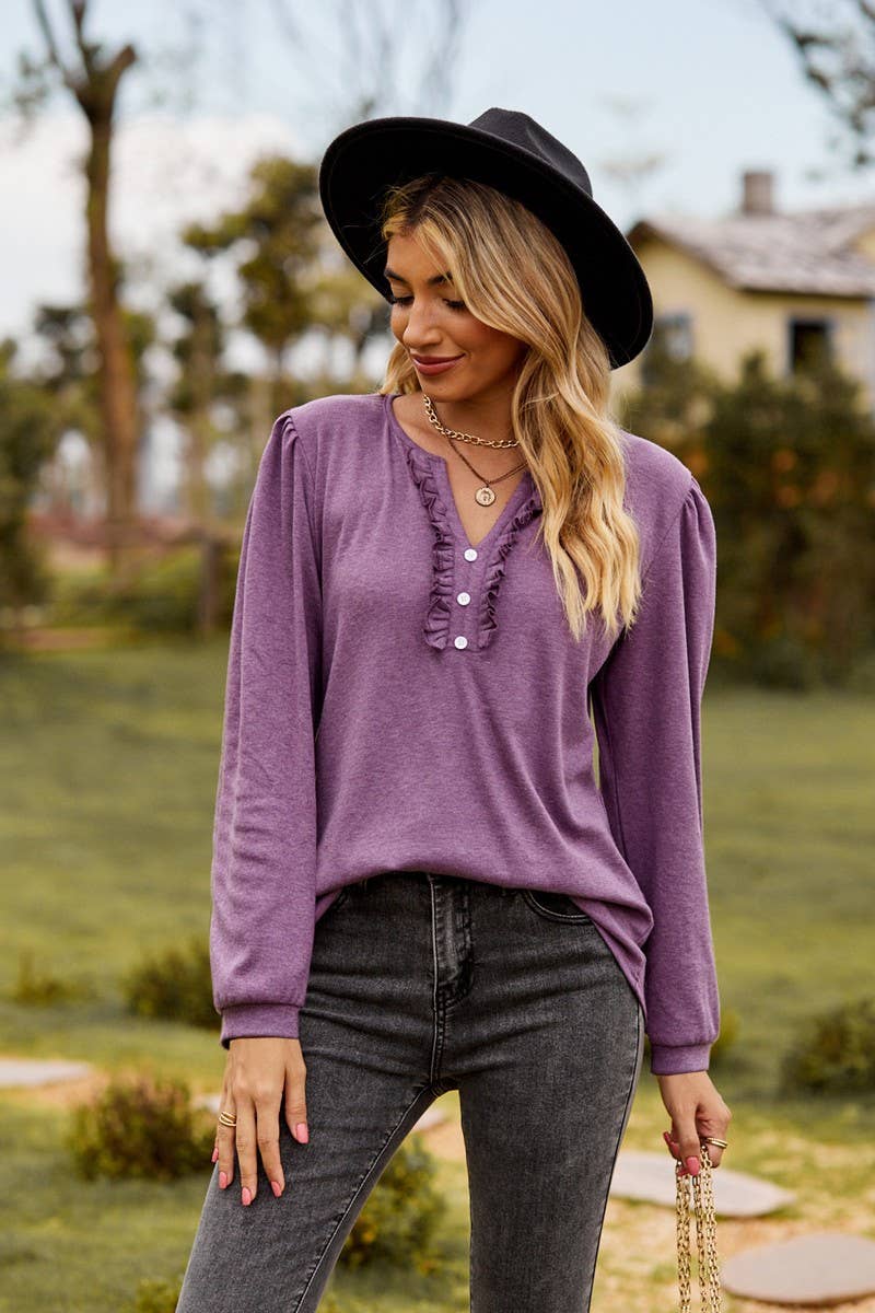 CWTBLL3682_SOLID COLOR V-NECK BUTTON RUFFLED LONG-SLEEVED TO